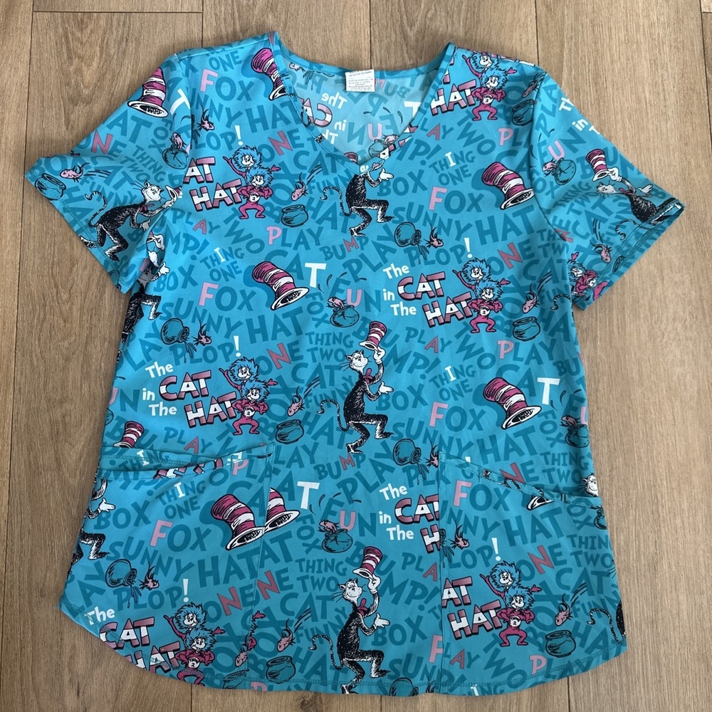 Dr Seuss Cat in the Hat Scrub Top Womens M Blue V-Neck Pediatric Nurse Medical